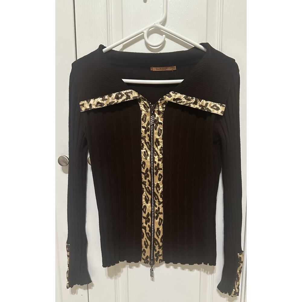 Belldini Y2K Ribbed Zip-Up Sweater Sz M Leopard Print Trim Rhinestone Zipper